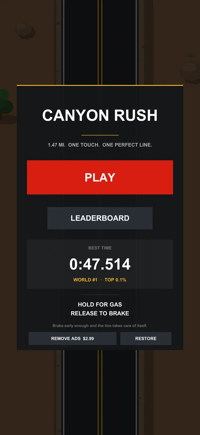 Canyon Rush main menu showing Play, Leaderboard, best time, Remove Ads and Restore